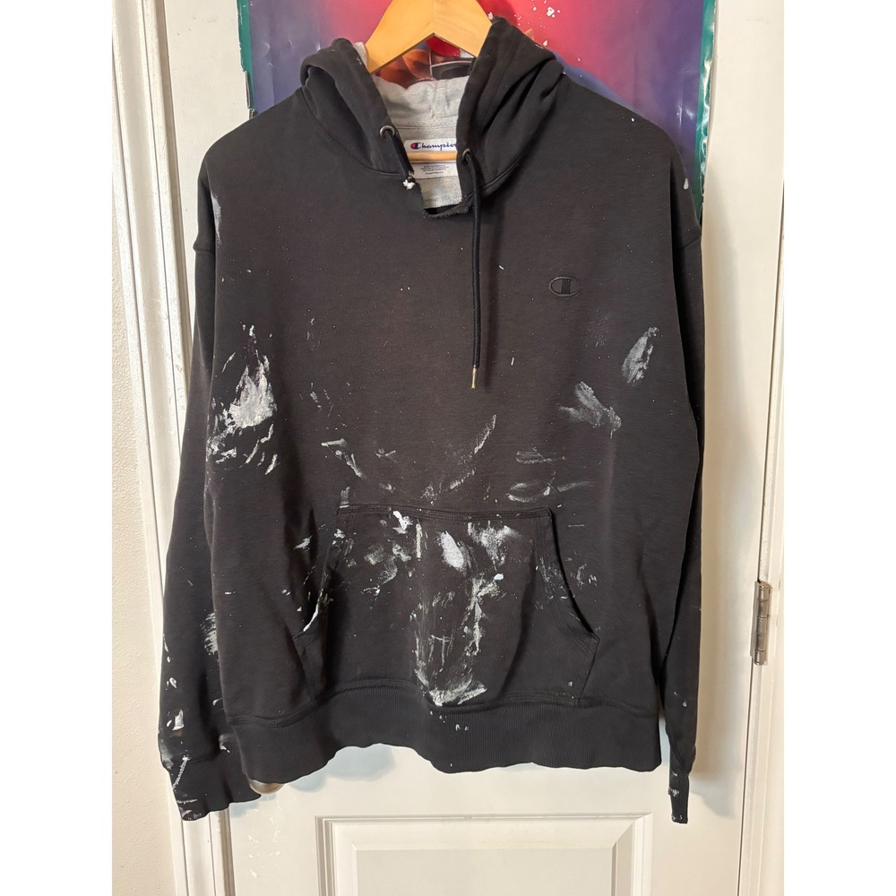 Champion Eco Authentic Black Paint Splatter Distressed Hoodie Mens XL Streetwear